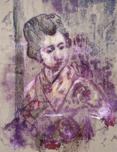 Monotypie und Buntstift auf Papier, Geisha