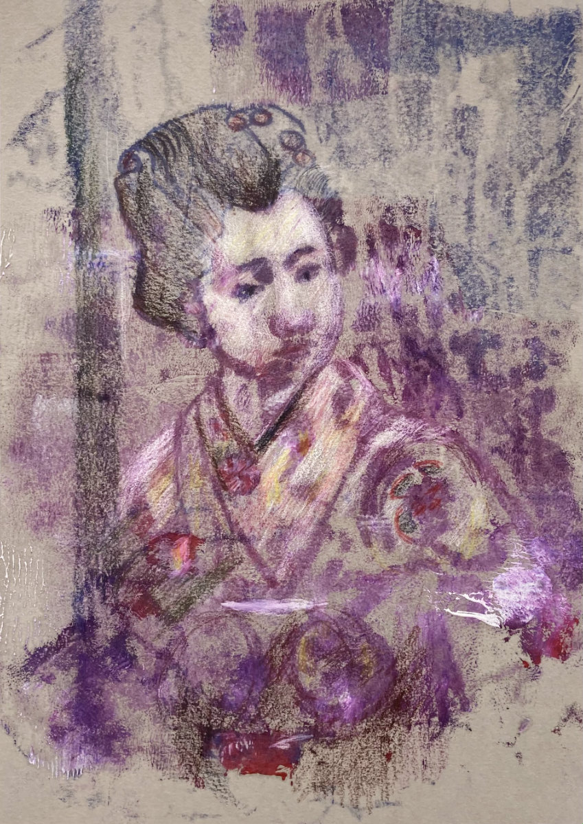 "Geisha", Monotopie, Mischtechnik auf Papier